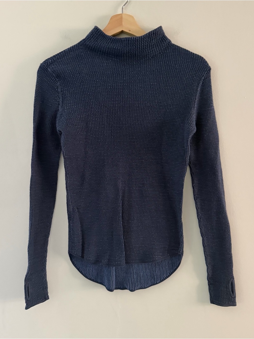 Margaret O’Leary Waffle Knit Tee T-Shirt Mock Neck Navy Long Sleeve Size Small